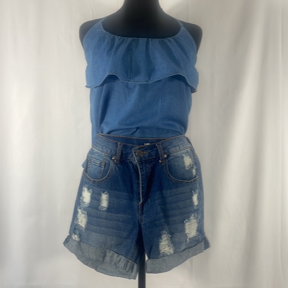 Chambray, denim, halter tie top, Blue, Small - Picture 9 of 10